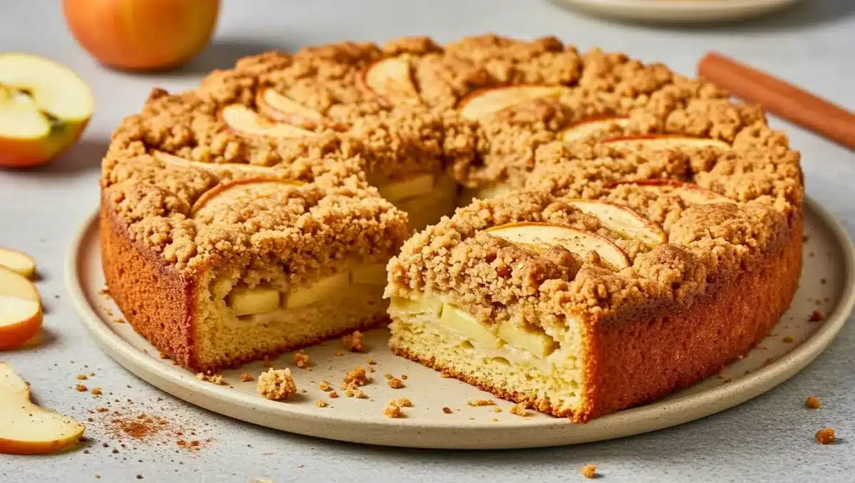 Gâteau crumble aux pommes doré et moelleux, avec une couche croustillante sur le dessus, servi sur une assiette en céramique.
