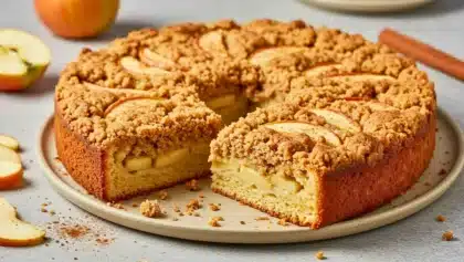 Gâteau crumble aux pommes doré et moelleux, avec une couche croustillante sur le dessus, servi sur une assiette en céramique.