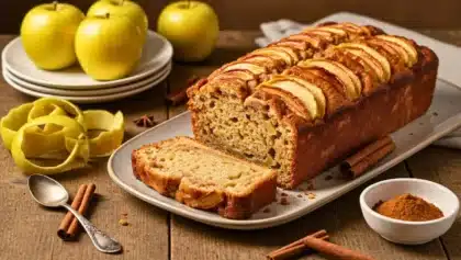 Cake doré aux pommes et à la cannelle posé sur une assiette, entouré de pommes jaunes, bâtons de cannelle, et épluchures de pomme sur une table en bois rustique.