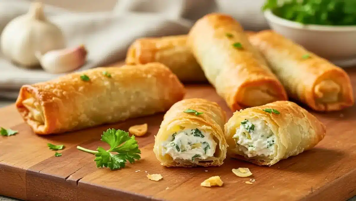 Roulés croustillants en pâte filo garnis de fromage frais aux herbes, présentés sur une planche en bois.