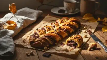 Tresse feuilletée au chocolat avec éclats de noisettes, posée sur du papier cuisson sur une table en bois, dans une lumière automnale douce.