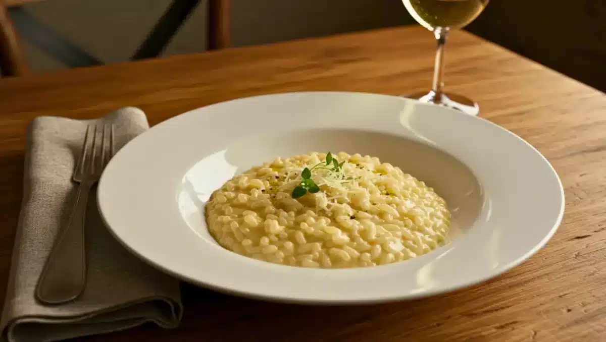 Assiette de risotto crémeux au parmesan servie dans une assiette blanche, avec copeaux de fromage et herbes fraîches sur le dessus.