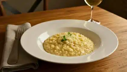 Assiette de risotto crémeux au parmesan servie dans une assiette blanche, avec copeaux de fromage et herbes fraîches sur le dessus.