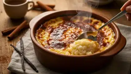 Riz au lait crémeux cuit au four dans un plat en terre cuite, avec une cuillère servant une portion fumante.