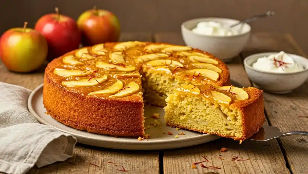 Gâteau moelleux aux pommes parfumé au safran, avec une part manquante révélant une texture tendre, décoré de lamelles de pomme et de filaments de safran.