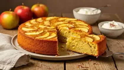 Gâteau moelleux aux pommes parfumé au safran, avec une part manquante révélant une texture tendre, décoré de lamelles de pomme et de filaments de safran.