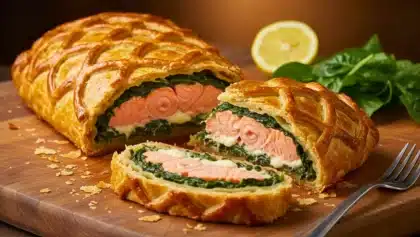 Saumon en croûte doré, tranché, laissant apparaître un filet de saumon rose entouré d’épinards et de mozzarella fondante, le tout dans une pâte feuilletée décorée.