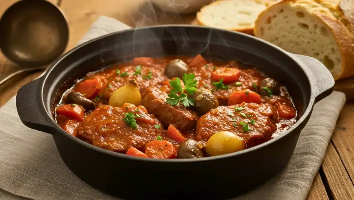 Cocotte de sauté de veau mijoté avec carottes, oignons et champignons, nappé de sauce tomate, encore fumant et parsemé de persil.