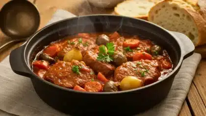 Cocotte de sauté de veau mijoté avec carottes, oignons et champignons, nappé de sauce tomate, encore fumant et parsemé de persil.