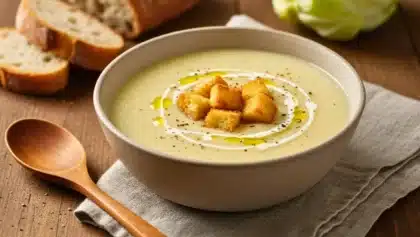 Bol de velouté chou-fleur–pomme de terre garni de croûtons dorés, d’un filet de crème et d’huile d’olive, avec du pain et une cuillère en bois en arrière-plan.