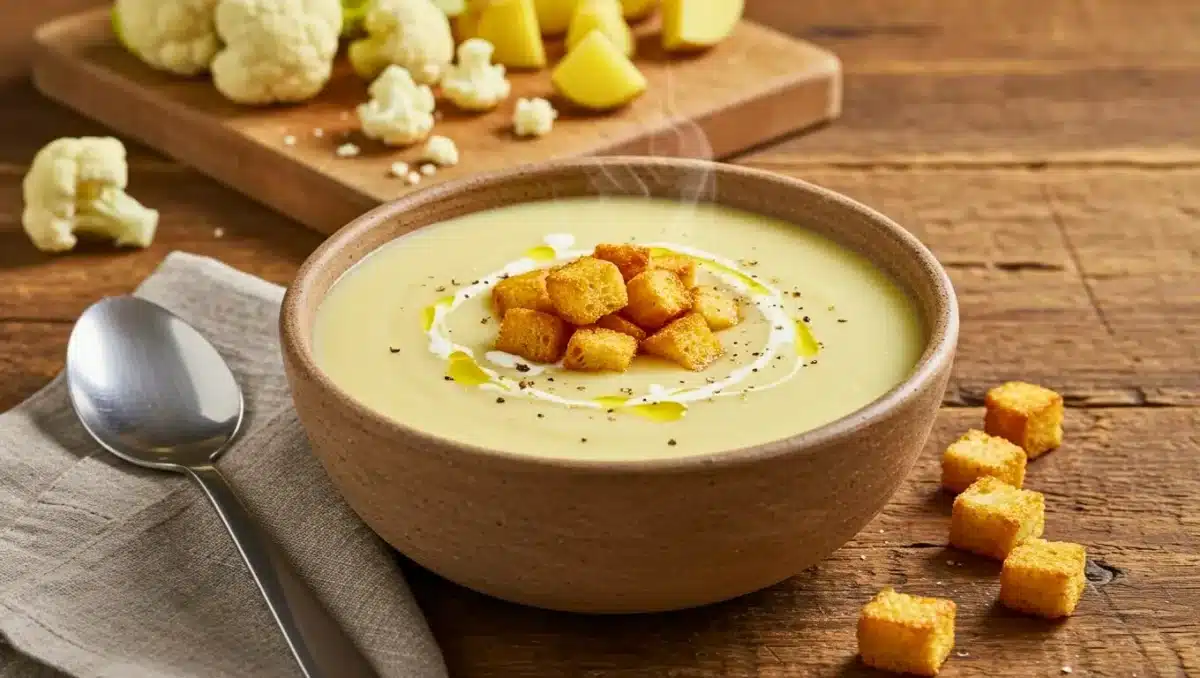 Bol de velouté crémeux au chou-fleur et pommes de terre, surmonté de croûtons dorés, avec chou-fleur et pommes de terre crus en arrière-plan sur une planche.