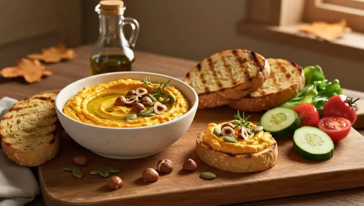 Bol de tartinade de courge rôtie crémeuse, garnie d’huile d’olive, de noisettes et de graines, accompagnée de tranches de pain grillé, de tomates et de rondelles de concombre sur une planche en bois.