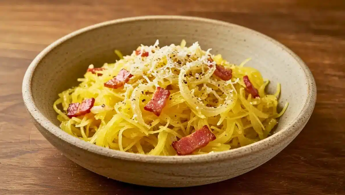 Bol de courge spaghetti filamenteuse mélangée à une sauce crémeuse au parmesan, garnie de lardons dorés et poivre fraîchement moulu.