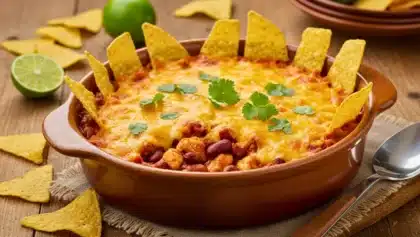 Gratin tex-mex au poulet avec haricots rouges, fromage fondu et tortillas plantées en décoration dans un plat en céramique.