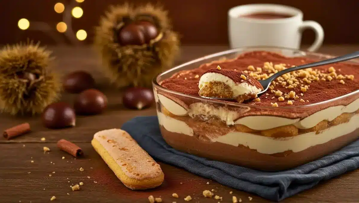 Tiramisu aux marrons dans un plat transparent, composé de couches de crème mascarpone et biscuits imbibés, saupoudré de cacao, avec une cuillère prélevant une portion ; marrons et décorations d’hiver en arrière-plan.