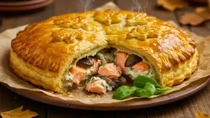 Tourte feuilletée dorée ouverte, révélant une garniture fondante de saumon et champignons crémeux.
