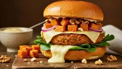 Burger végétarien garni d’un steak lentilles–patate douce, fromage fondant, oignon rouge, dés de patate douce rôtie, noix concassées et feuilles de salade.