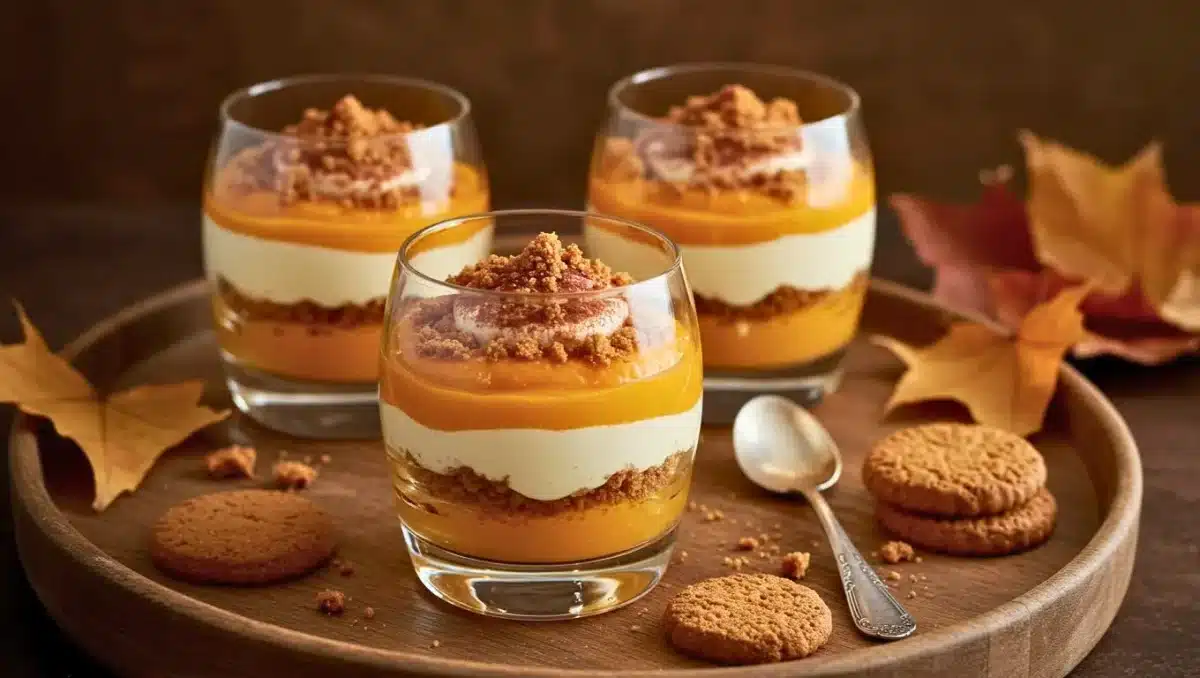 Verrines superposées de purée de courge, crème mascarpone et spéculoos émiettés, décorées d’un crumble croustillant, posées sur un plateau en bois avec feuilles d’automne et biscuits.