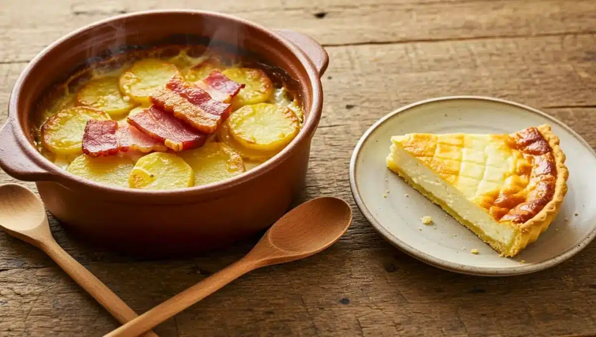 Cocotte de Tofailles avec pommes de terre et lard fumé servie sur une table rustique, à côté d’une part de tarte au fromage blanc.