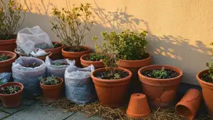 Plantes en pot protégées contre le froid avec du plastique à bulles, à côté d’un pot fissuré par le gel.