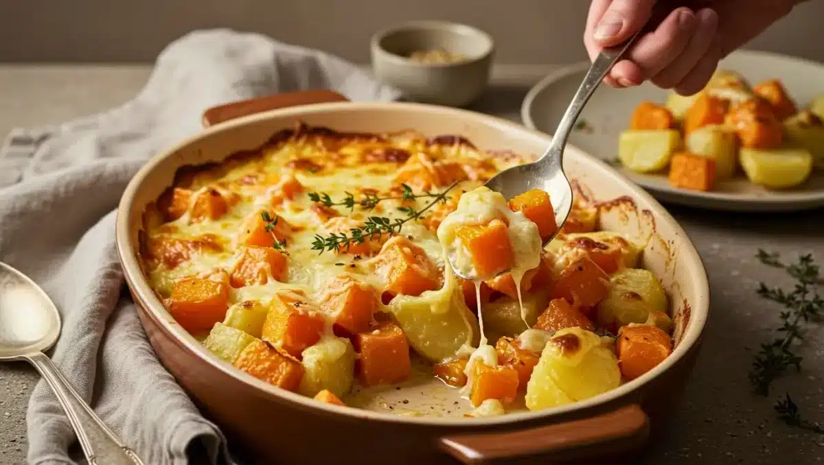 Gratin de butternut, pommes de terre et panais crémeux et gratiné, servi chaud avec fromage fondant dans un plat ovale.