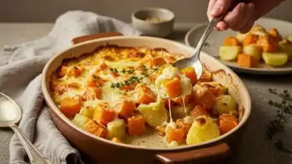 Gratin de butternut, pommes de terre et panais crémeux et gratiné, servi chaud avec fromage fondant dans un plat ovale.