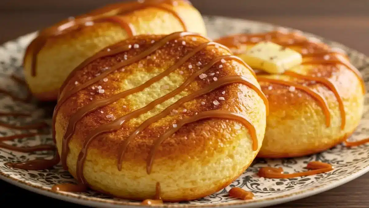 Pain perdu réalisé avec des petits pains au lait, doré et caramélisé, avec un cœur fondant présenté sur une planche en bois.