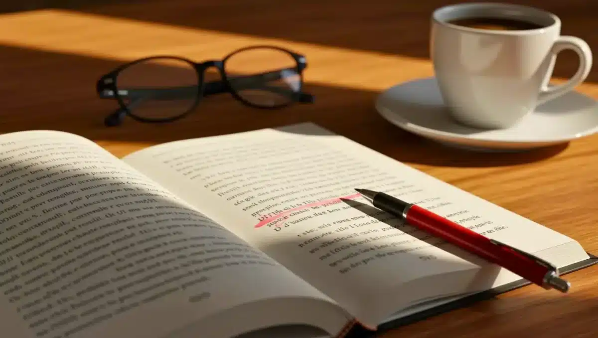 Livre ouvert avec un passage surligné en rose, stylo rouge posé dessus, lunettes et tasse de café en arrière-plan.