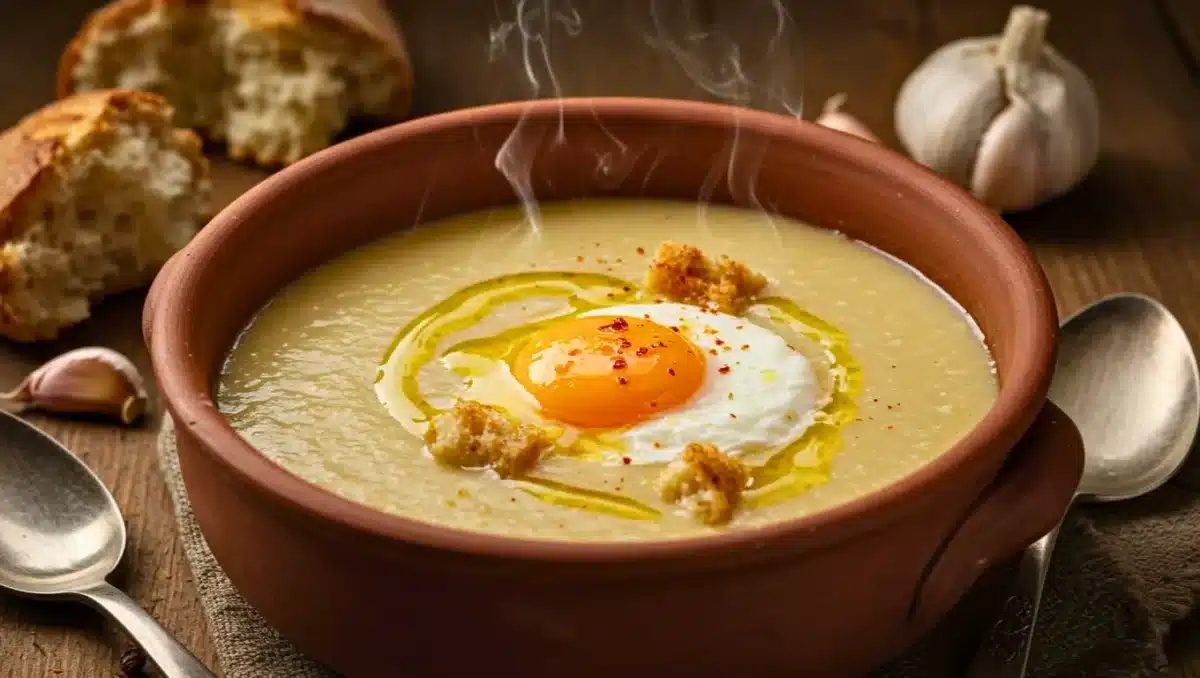 Bol de soupe à l’ail crémeuse avec un œuf poché au centre, filet d’huile d’olive et croûtons, servie dans un bol en terre cuite.