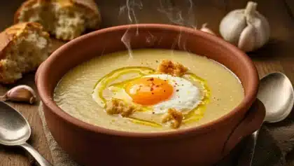 Bol de soupe à l’ail crémeuse avec un œuf poché au centre, filet d’huile d’olive et croûtons, servie dans un bol en terre cuite.