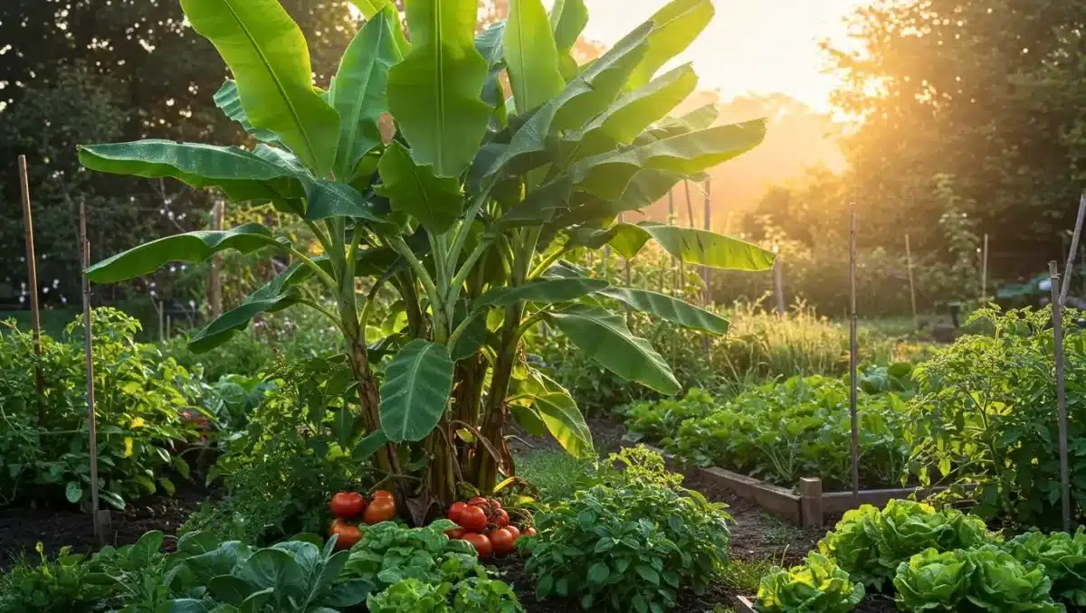 Bananier en pleine terre au milieu d’un potager, entouré de tomates, salades et légumes variés, sous une lumière de fin de journée.