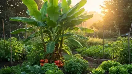 Bananier en pleine terre au milieu d’un potager, entouré de tomates, salades et légumes variés, sous une lumière de fin de journée.