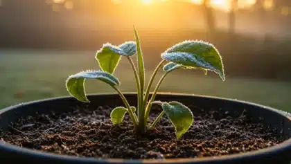 Jeune plante en pot recouverte de givre sur ses feuilles, éclairée par le lever du soleil lors des premières gelées.