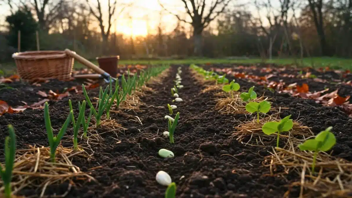 Jeunes pousses plantées en rang au potager en hiver avec paillage et panier d’outils au lever du soleil