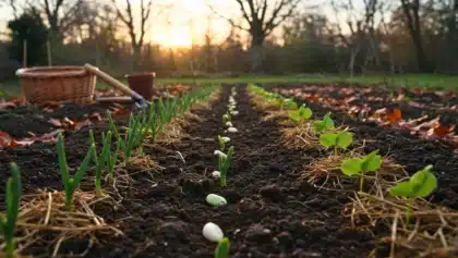 Jeunes pousses plantées en rang au potager en hiver avec paillage et panier d’outils au lever du soleil
