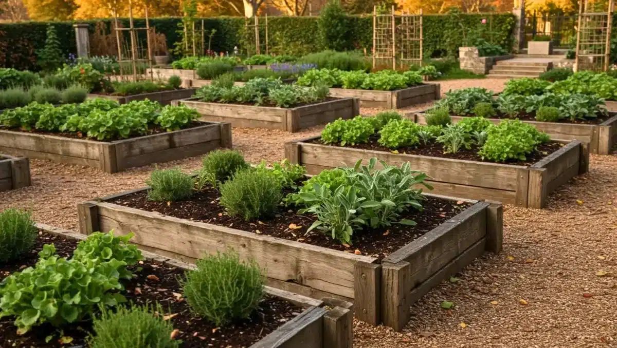 Carrés potagers en bois remplis de légumes et d’herbes aromatiques dans un jardin organisé en parcelles surélevées.