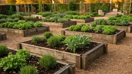 Carrés potagers en bois remplis de légumes et d’herbes aromatiques dans un jardin organisé en parcelles surélevées.