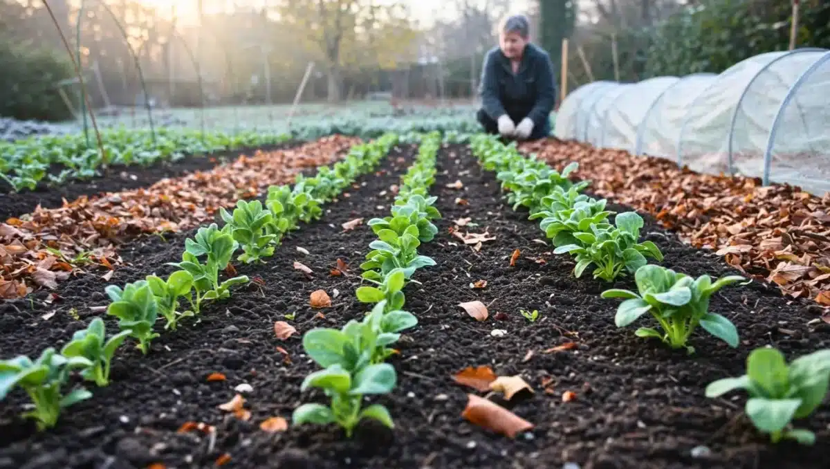 Rangs de jeunes plants cultivés au potager en novembre, avec un jardinier en arrière-plan et un sol couvert de feuilles d’automne.