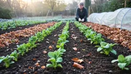 Rangs de jeunes plants cultivés au potager en novembre, avec un jardinier en arrière-plan et un sol couvert de feuilles d’automne.