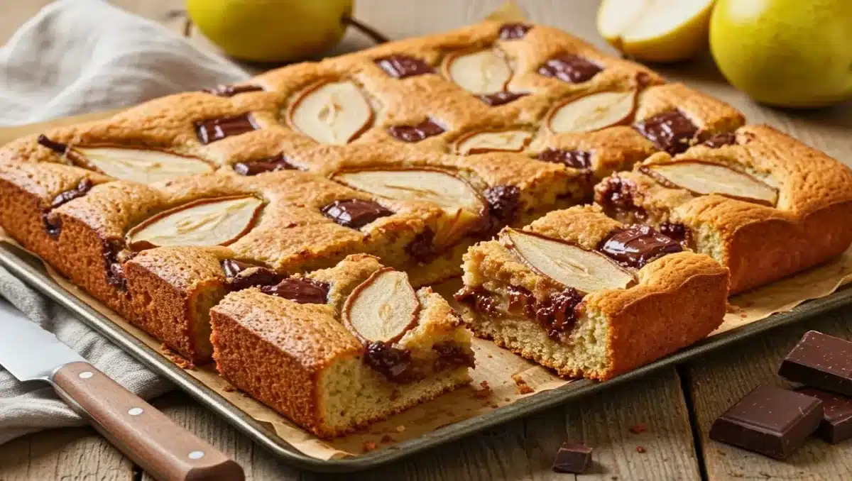 Carrés moelleux poire-chocolat découpés sur une plaque, avec morceaux de poire et chocolat fondant.