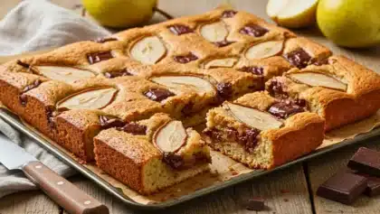 Carrés moelleux poire-chocolat découpés sur une plaque, avec morceaux de poire et chocolat fondant.