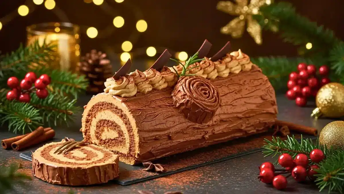 Bûche chocolat-café ultra fondante, décorée façon traditionnelle avec crème, copeaux de chocolat et touches festives.