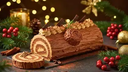 Bûche chocolat-café ultra fondante, décorée façon traditionnelle avec crème, copeaux de chocolat et touches festives.