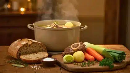 Pot-au-feu dans une cocotte fumante avec légumes, os à moelle et pain de campagne sur une table en bois.