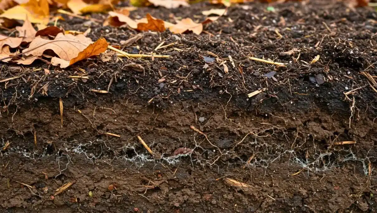 Coupe du sol montrant les différentes couches de terre et de décomposition des feuilles, avec mycélium visible.