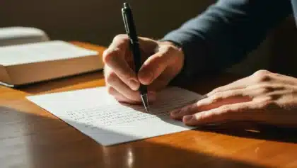 Mains écrivant une lettre à la main sur une feuille blanche posée sur une table en bois