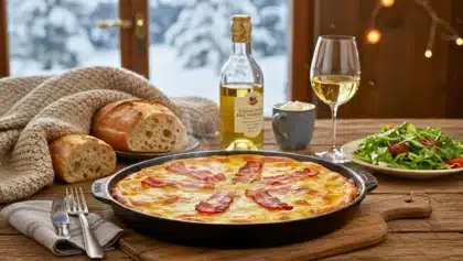 Gratin au reblochon fumant dans un plat noir, accompagné de pain frais, salade verte et verre de vin blanc sur une table en bois avec vue enneigée en arrière-plan.