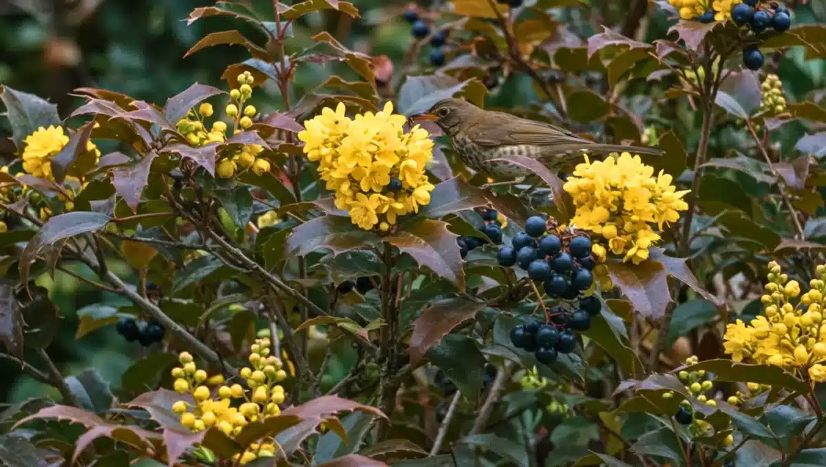 Arbuste avec fleurs jaunes et baies noires, sur lequel un oiseau se nourrit parmi le feuillage brillant.