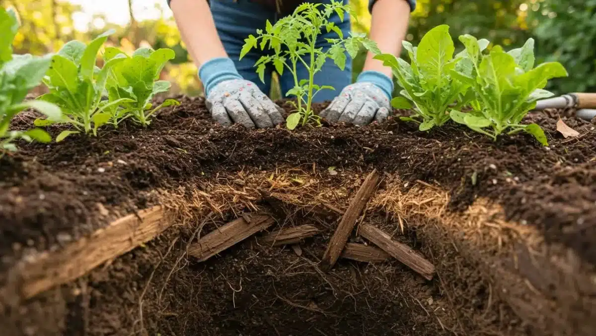 Technique de potager avec du bois enfoui sous une butte de culture pour améliorer la fertilité du sol.