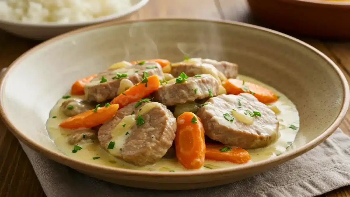 Assiette de blanquette de veau avec morceaux de viande tendres, carottes et champignons dans une sauce crémeuse, servie dans un bol.